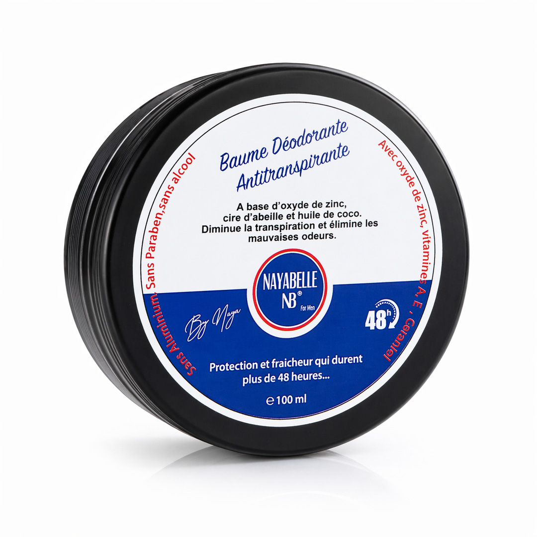 Pot Baume Déodorant Homme Nayabelle 100g — même formule que Pure Powder, adaptée aux peaux poilues et masculines. Antitranspirant naturel sans aluminium ni parabène, oxyde de zinc, palmarosa, cire d&