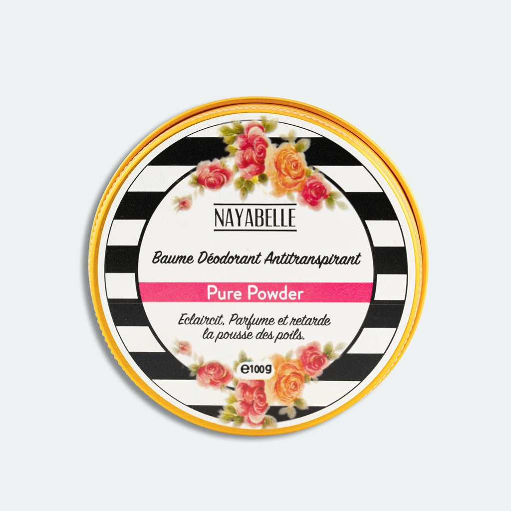 Baume déodorant antitranspirant Nayabelle Pure Powder, éclaircissant, parfumé et retardant la pousse des poils, pot de 100g, design floral et rayé noir et blanc.