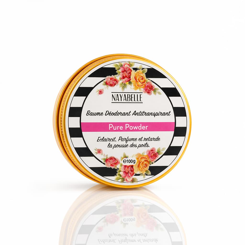Baume déodorant antitranspirant Nayabelle Pure Powder, éclaircissant, parfumé et retardant la pousse des poils, pot de 100g, design floral et rayé noir et blanc.