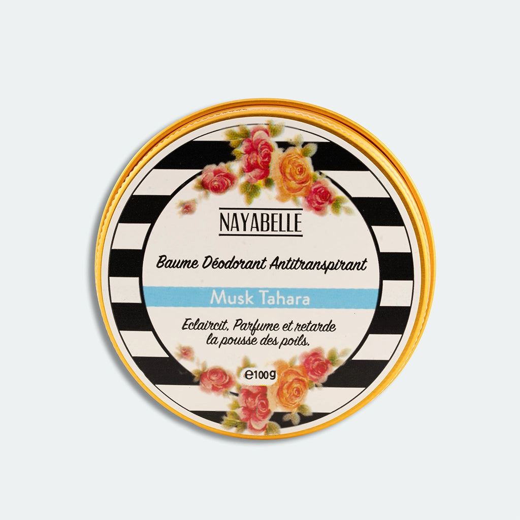 Baume déodorant antitranspirant Nayabelle Musk Tahara, éclaircissant, parfum et retardant la pousse des poils, pot de 100g, design floral et rayé noir et blanc.