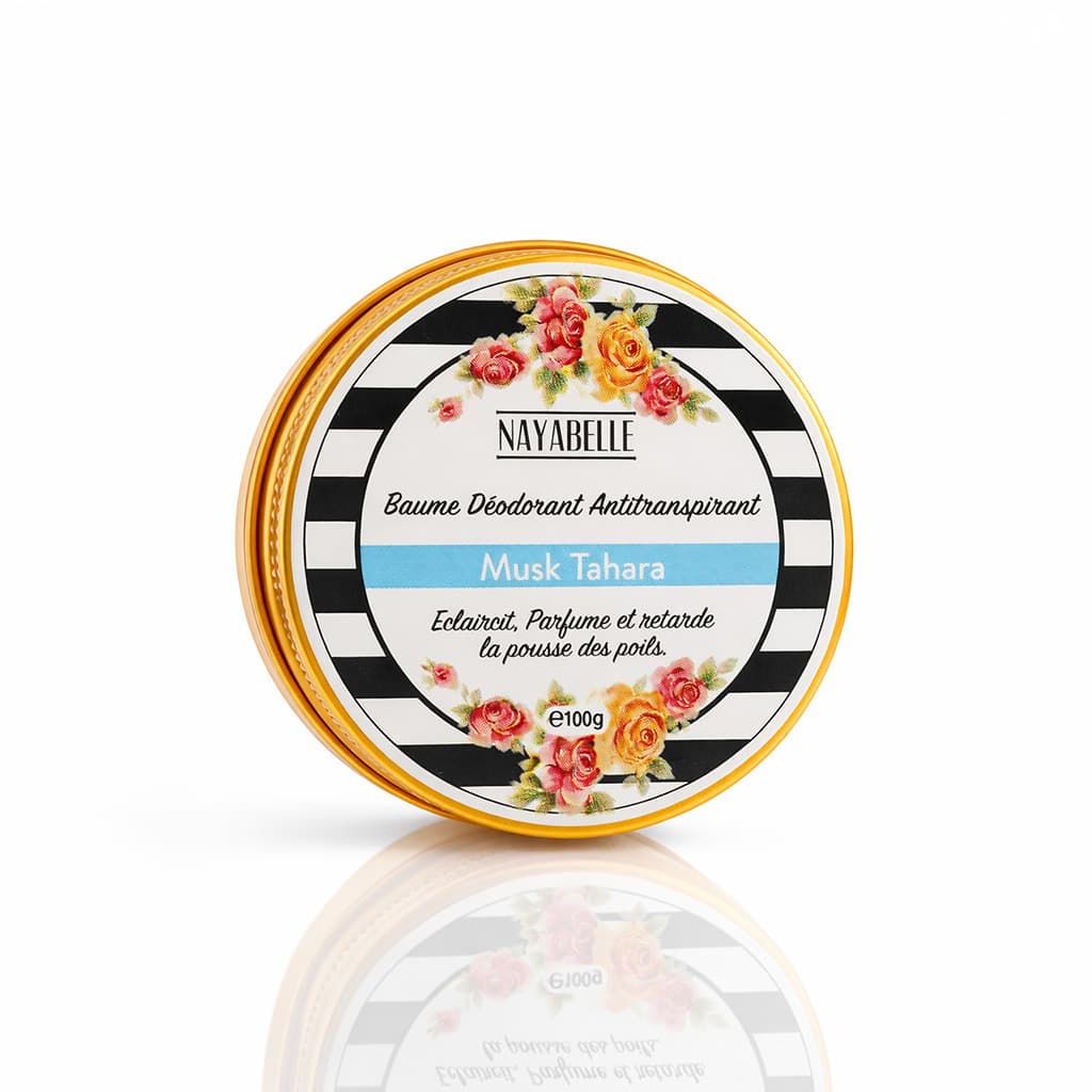 Baume déodorant antitranspirant Nayabelle Musk Tahara, éclaircissant, parfum et retardant la pousse des poils, pot de 100g, design floral et rayé noir et blanc.