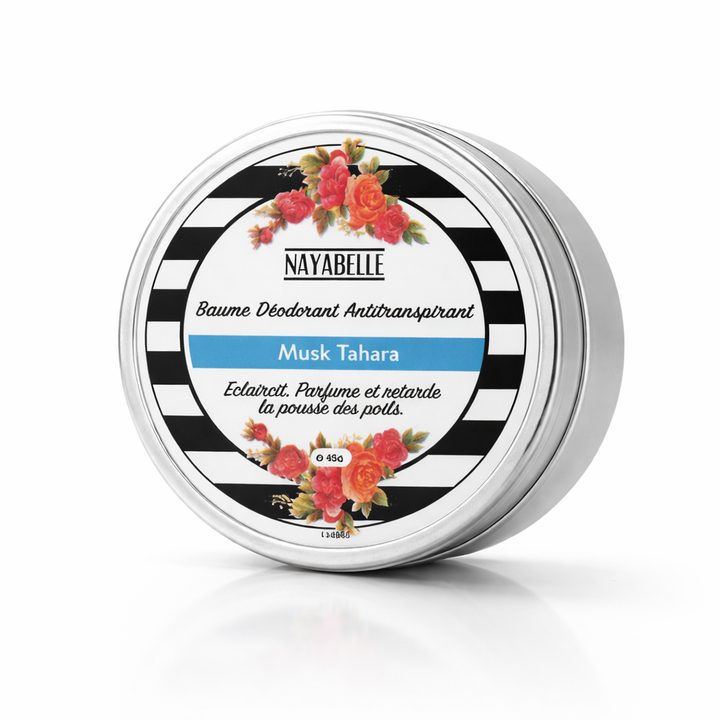 Baume déodorant naturel Format Découverte 45g Nayabelle — Pure Powder et Musk Tahara, sans aluminium, protection 48h, format voyage cabine, fabriqué à Casablanca Maroc