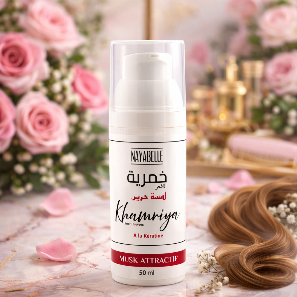 Image promotionnelle de la Khmariya pour cheveux Nayabelle (50 ml) au Musk Attractif et à la Kératine. Le flacon est présenté dans une ambiance lumineuse et élégante, entouré de roses roses fraîches, de pétales et d'une mèche de cheveux parfaitement soyeuse et brillante, illustrant la promesse de douceur et d'éclat du produit.