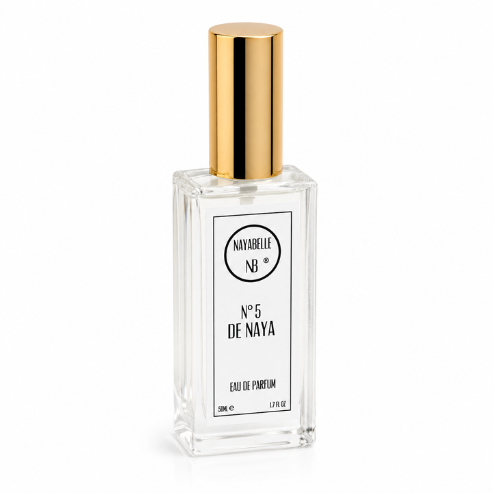  Flacon Parfum Privé N°5 De Naya 50ml. Eau de parfum frais et lumineux aux notes de Bergamote, Orange de Sicile, Vanille et Musc Blanc. Sillage fruité enveloppant pour la journée. Fabriqué au Maroc.