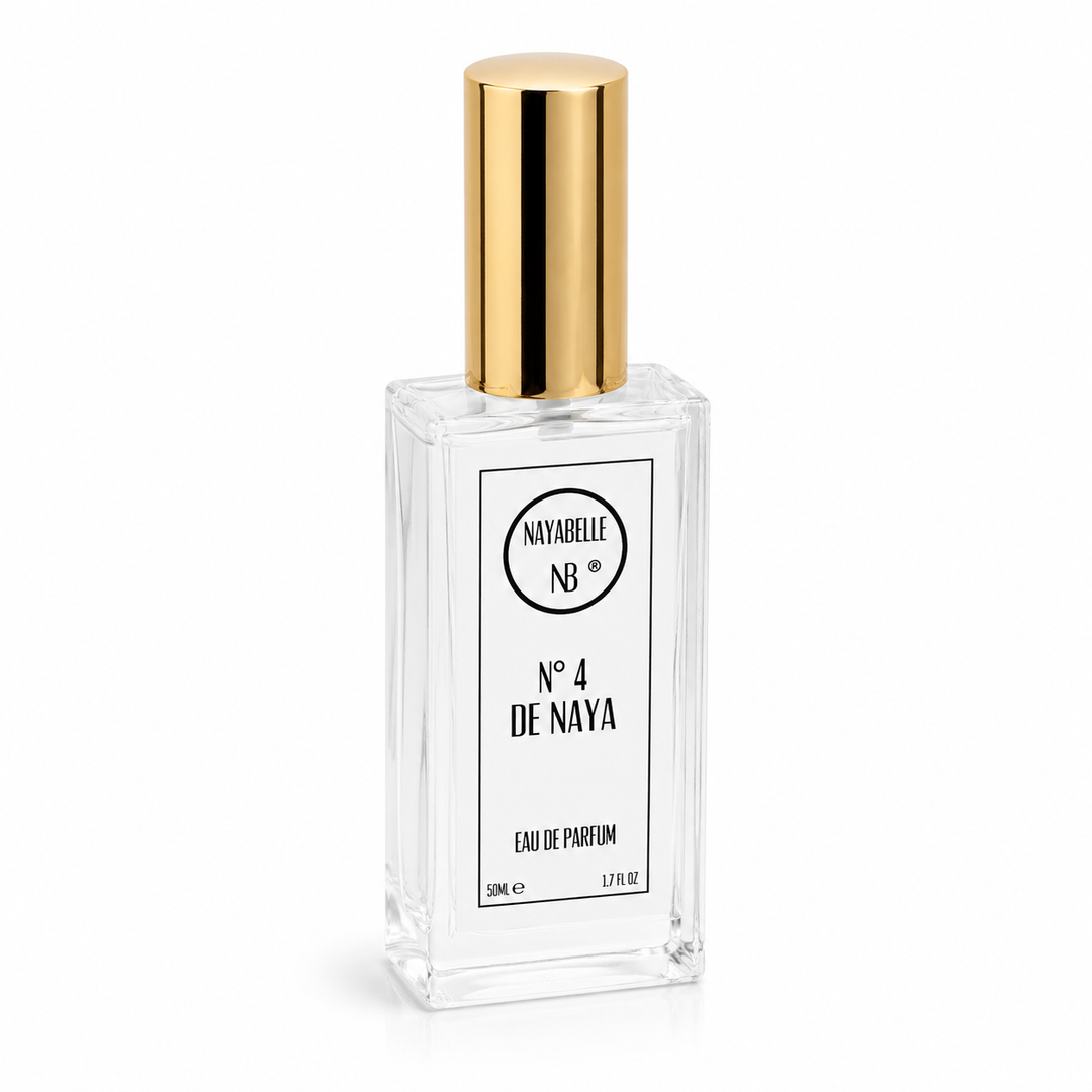 Flacon Parfum Privé N°4 De Naya 50ml. Eau de parfum sophistiqué aux notes de Jasmin, Safran, Ambre Gris et Bois de Cèdre. Sillage lumineux et précieux. Fabriqué au Maroc.