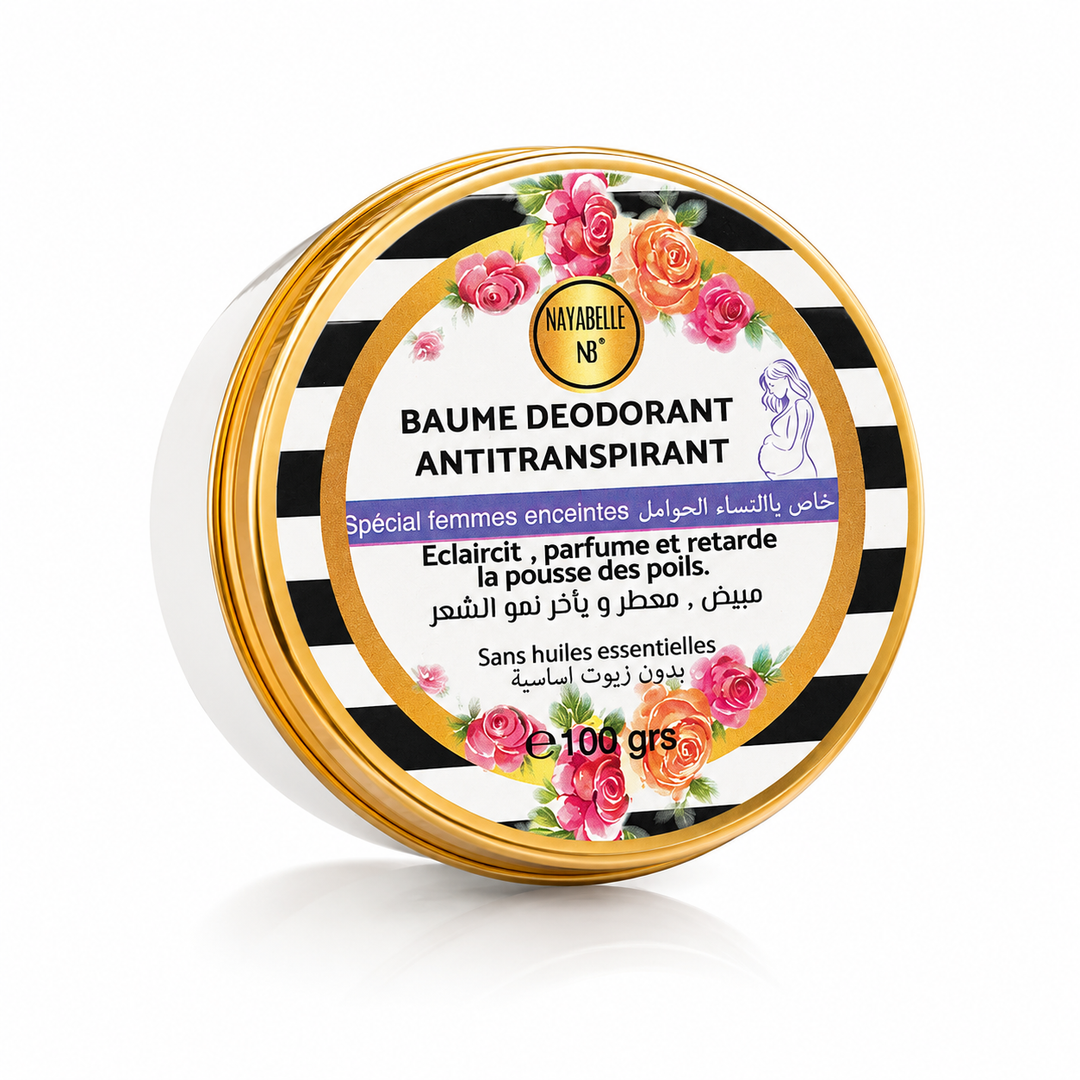 Baume Déodorant Grossesse &amp; Allaitement Nayabelle — visuel premium. Le seul déodorant naturel grossesse formulé au Maroc. Sans huiles essentielles, sans aluminium. Safe pour futures mamans et mamans allaitantes.