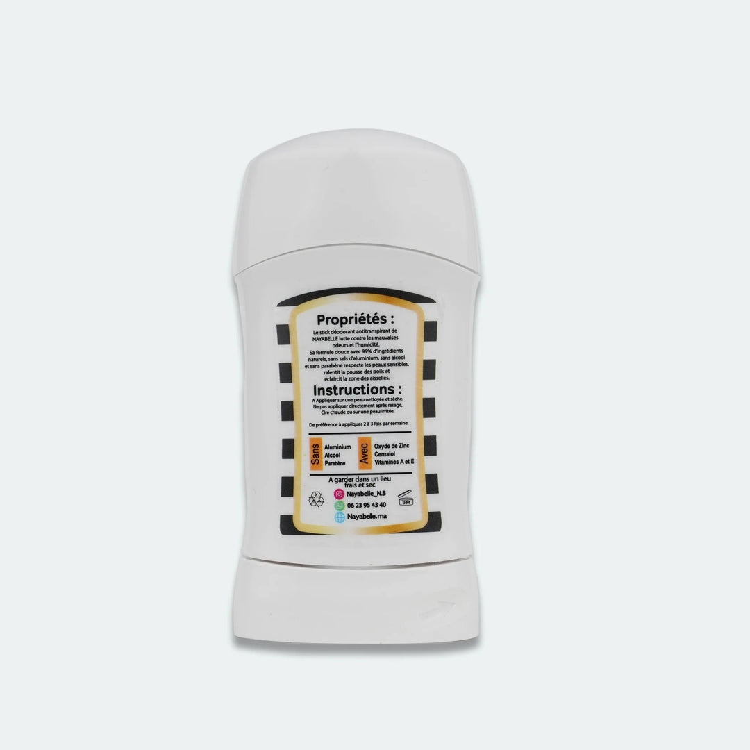 Vue arrière du déodorant antitranspirant en stick Nayabelle Ultra Protect. Description des propriétés : anti-odeurs, anti-humidité, éclaircissant, et retardateur de la pousse des poils. Instructions d'application et liste des ingrédients clés tels que l'oxyde de zinc, les vitamines A et E, sans alcool, parabènes ni aluminium.