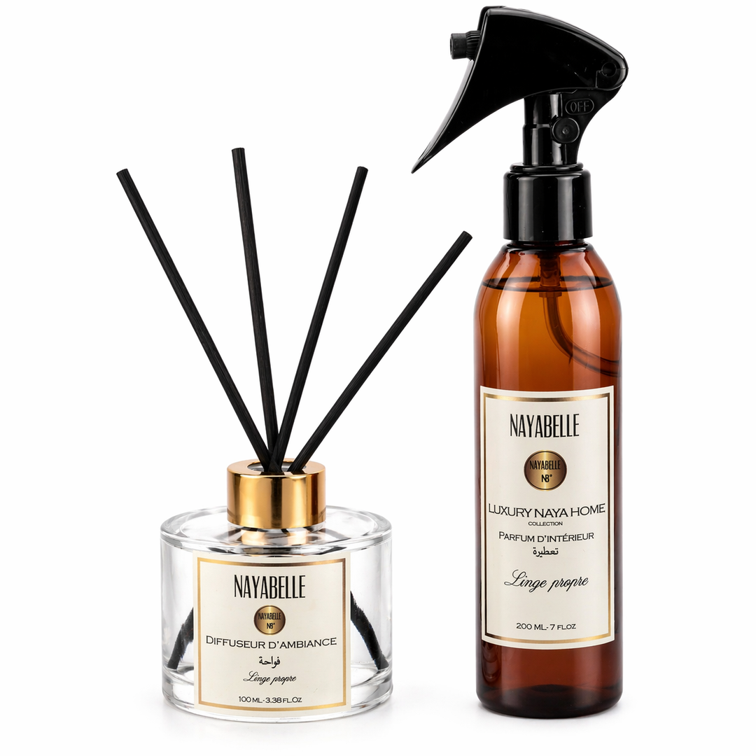 Duo parfumant Nayabelle 'Linge Propre', composé d’un diffuseur d’ambiance 100 ml avec tiges noires et d’un parfum d’intérieur 200 ml en spray. Une combinaison idéale pour une maison fraîche et délicatement parfumée.