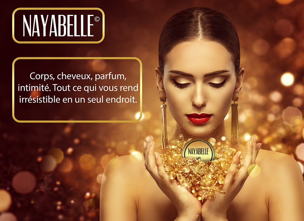 Femme élégante tenant des fleurs dorées — Corps, cheveux, parfum, intimité. Tout ce qui vous rend irrésistible en un seul endroit. Nayabelle Maroc.