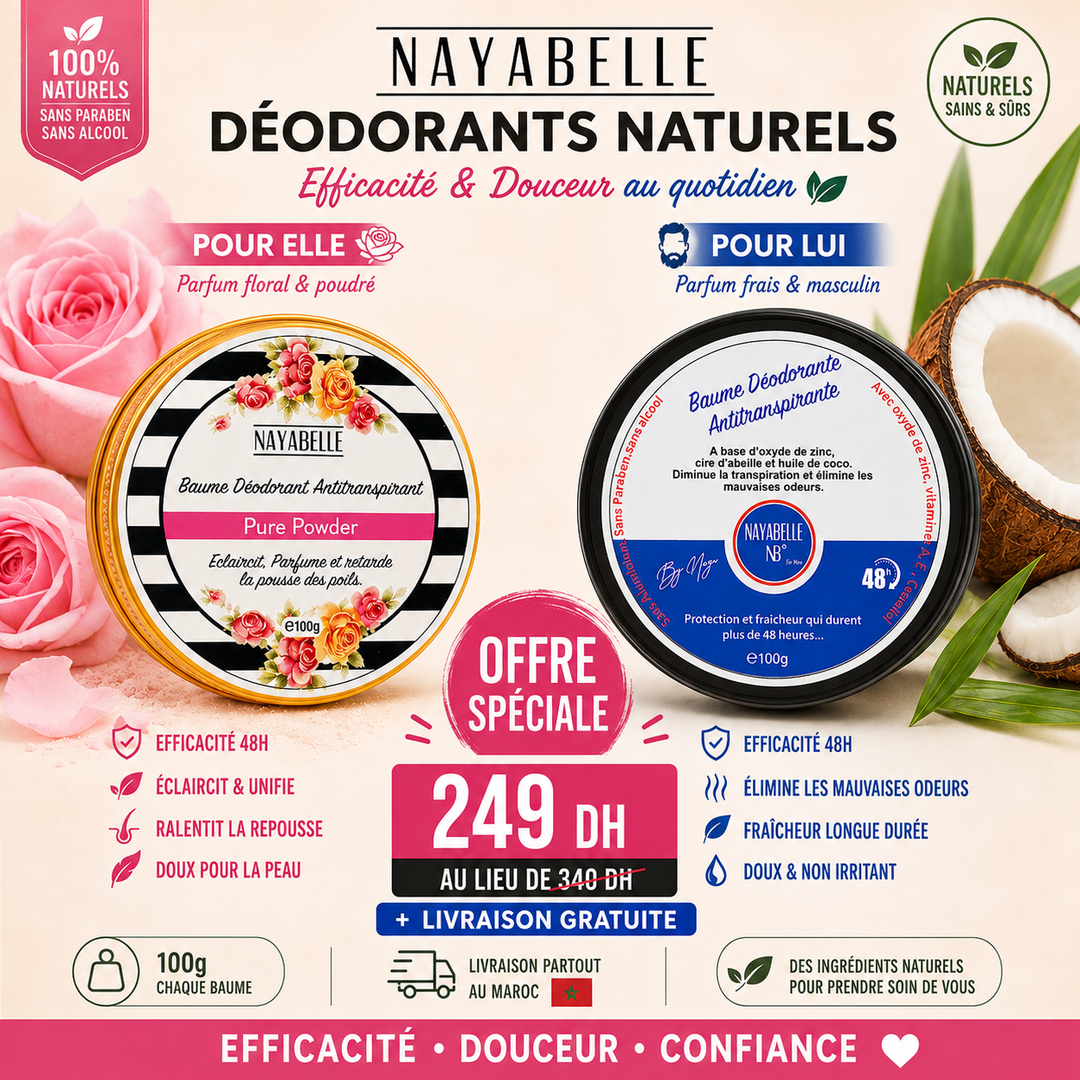 Duo déodorant Nayabelle Elle &amp; Lui : baume Pure Powder floral pour elle et baume For Men frais pour lui, 2 × 100 g, sans aluminium, fait main au Maroc, 249 DH livraison offerte