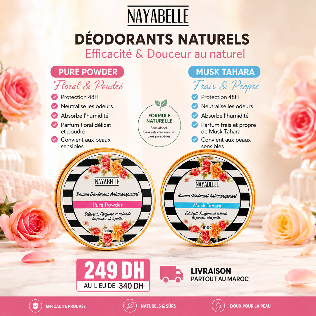 Duo déodorant Nayabelle Elle : baume Pure Powder floral et poudré et baume Musk Tahara frais et propre, 2 × 100 g, sans aluminium, fait main au Maroc, 249 DH livraison offerte