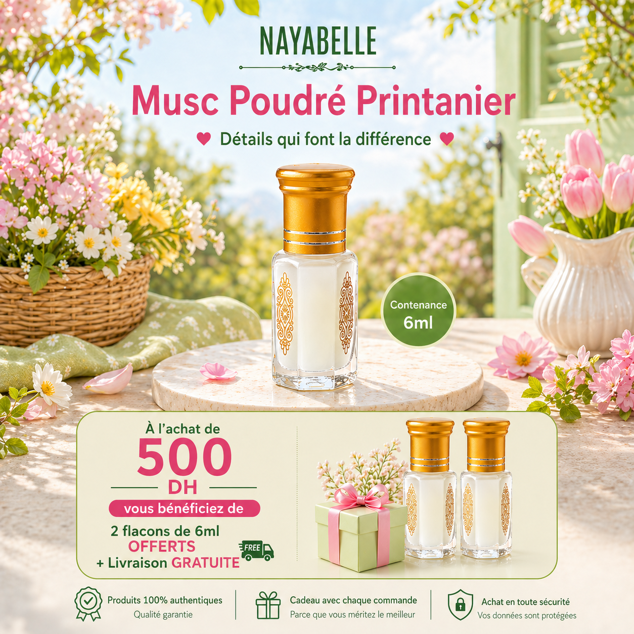 ayabelle - Musc Poudré Printanier 6ml : à l'achat de 500 DH, 2 flacons 6ml offerts + livraison gratuite
