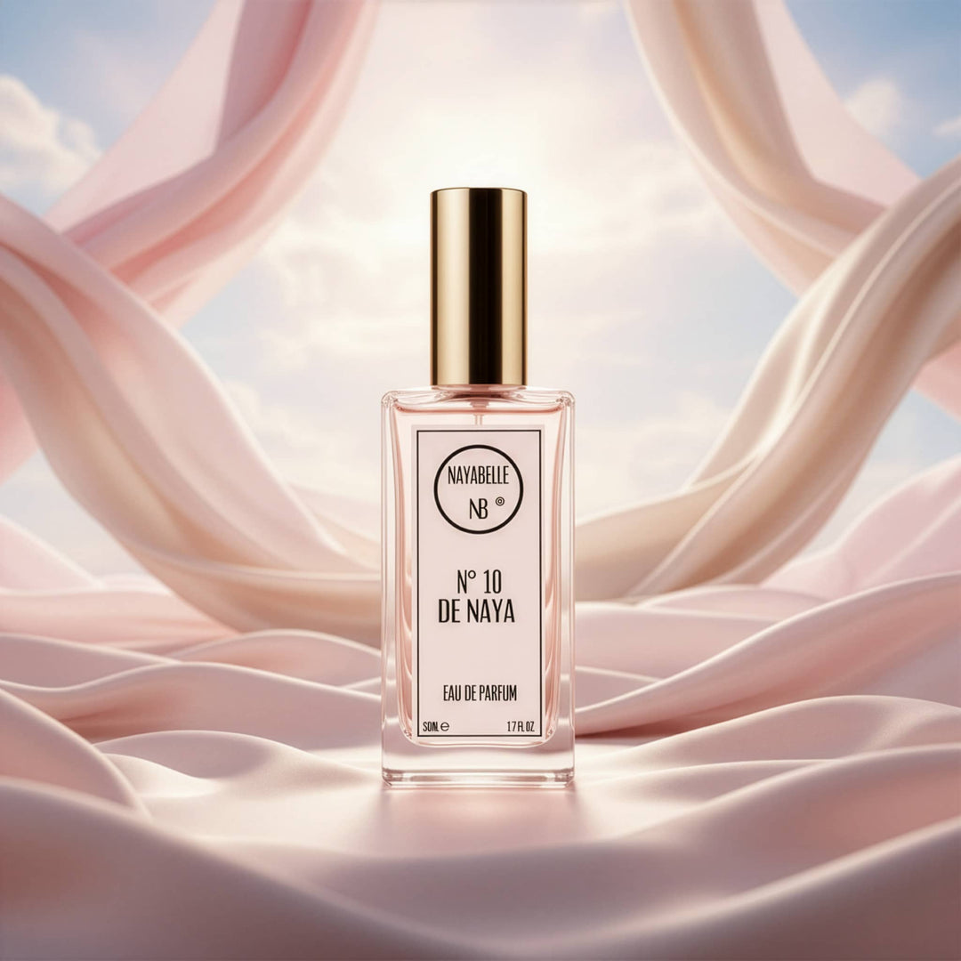 Parfum Nayabelle N° 10 De Naya, Eau de Parfum 50ml, posé sur un drapé de soie rose poudré et beige dans une ambiance luxueuse et éthérée.