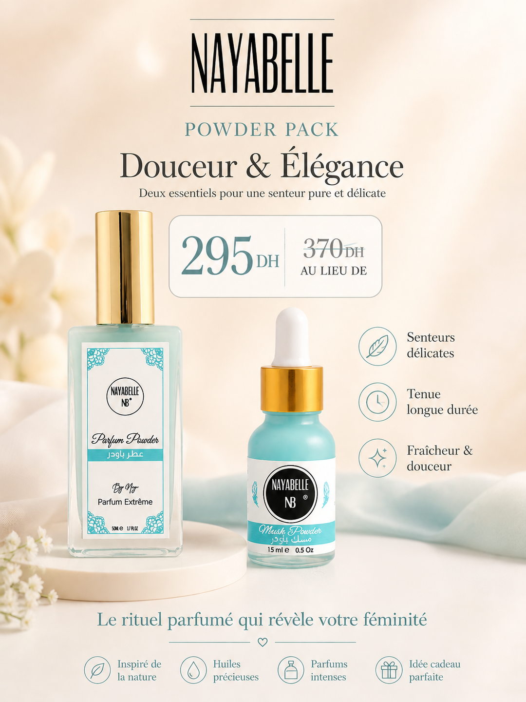 Pack Powder Nayabelle comprenant Musk Powder et Parfum Powder à 295 DH au lieu de 370 DH, senteur douce et élégante