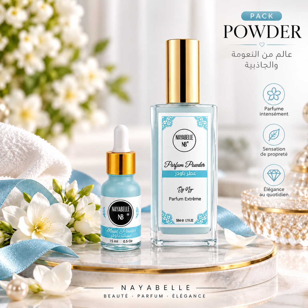 ack Powder Nayabelle comprenant Musk Powder et Parfum Powder à 295 DH au lieu de 370 DH, senteur douce et élégante
