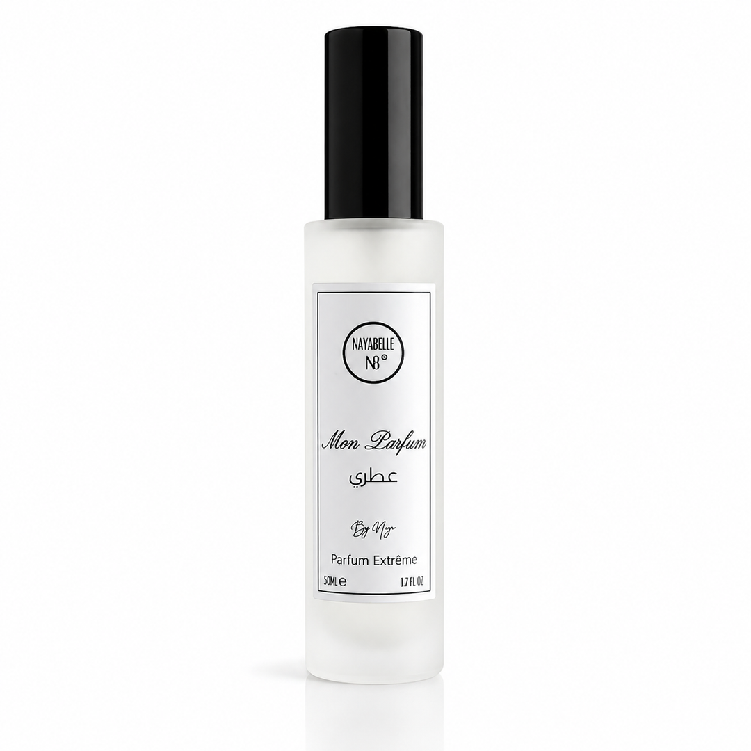 Flacon Mon Parfum Extrême Nayabelle 50ml — extrait de parfum en spray à concentration maximale 25-40%, +2000 fragrances françaises et orientales au choix. Tenue 10 à 14 heures, fabriqué à Casablanca au Maroc. Design minimaliste noir et blanc.
