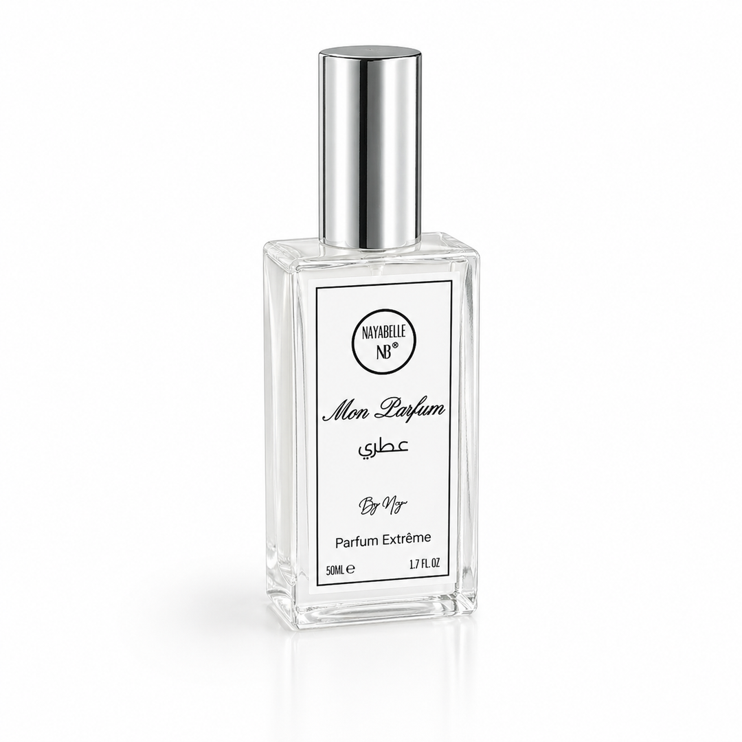 Flacon Parfum Extrême Homme Nayabelle 50ml — extrait de parfum spray à concentration maximale 25-40%, +2000 fragrances masculines au choix (Sauvage, Bleu de Chanel, Aventus, Y Le Parfum). Tenue 10 à 14 heures, fabriqué à Casablanca au Maroc. Design épuré et élégant.