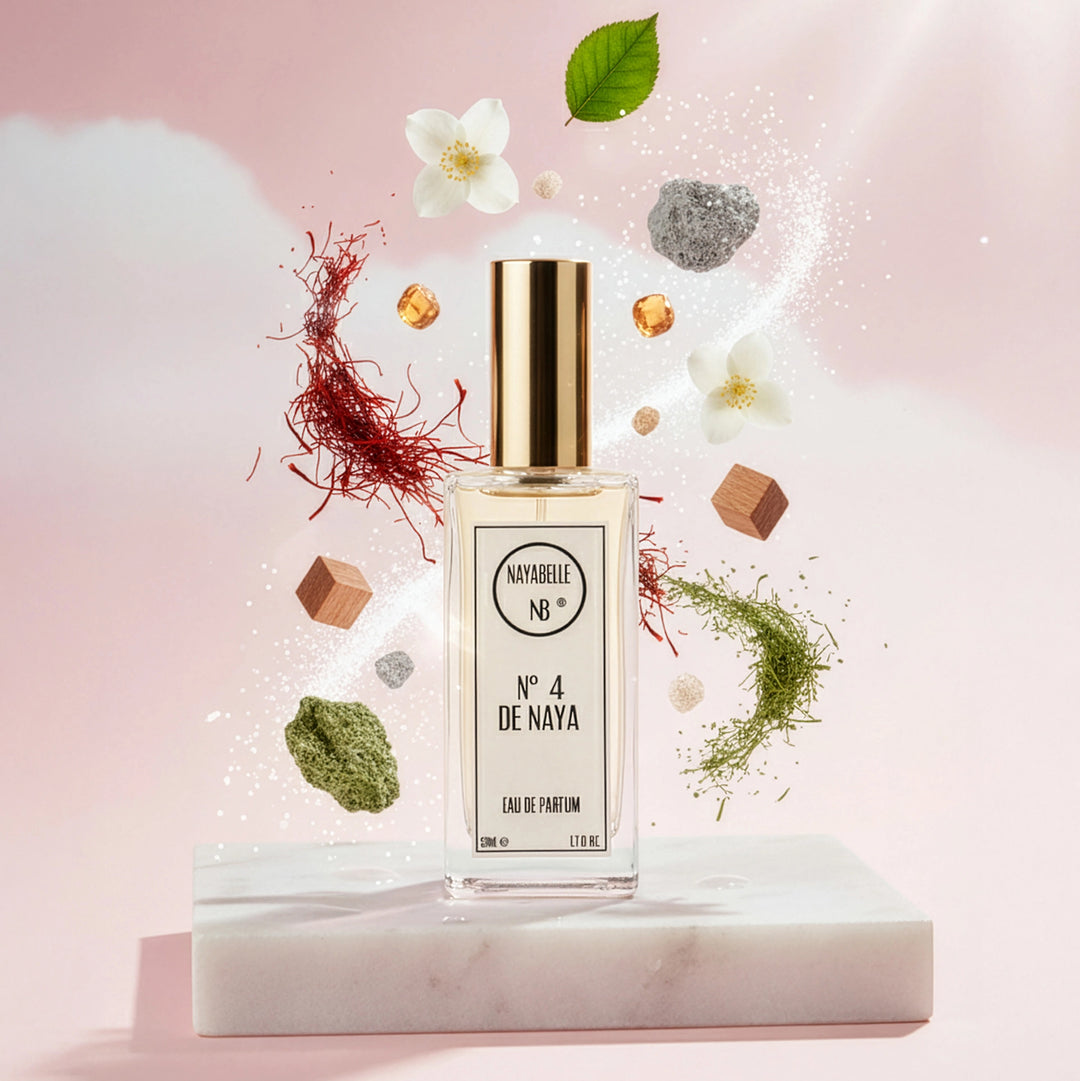 Parfum N° 4 de Naya par Nayabelle. Flacon posé sur un socle de marbre blanc, entouré des ingrédients de la fragrance flottant dans les airs : safran, jasmin, mousse verte et morceaux de bois. Photo créative pour e-commerce.
