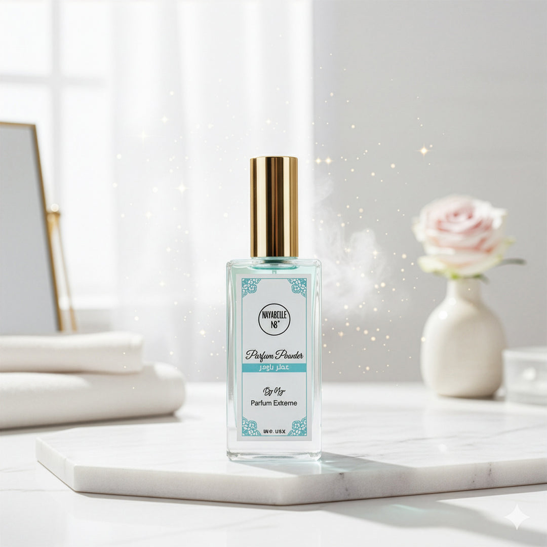 Parfum Pure Powder de Nayabelle. Flacon posé sur des dalles de marbre blanc avec des serviettes épurées et une rose pâle, évoquant la douceur, la pureté et le luxe minimaliste.